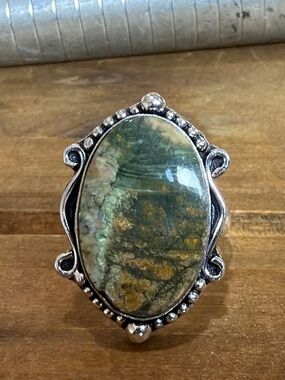 Vintage Style Rainforest Jasper Gemstone Ring Women Size 6.5 Silver 925 Boho